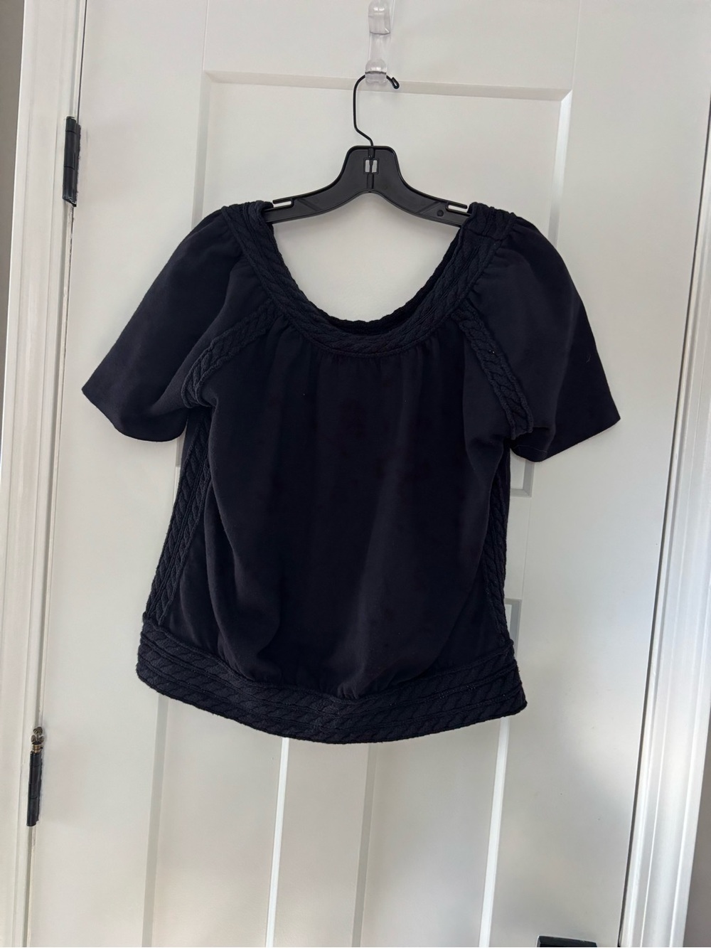 CAbi Black Short-Sleeve Braided Trim Scoop Neck Top med 6663 dark navy